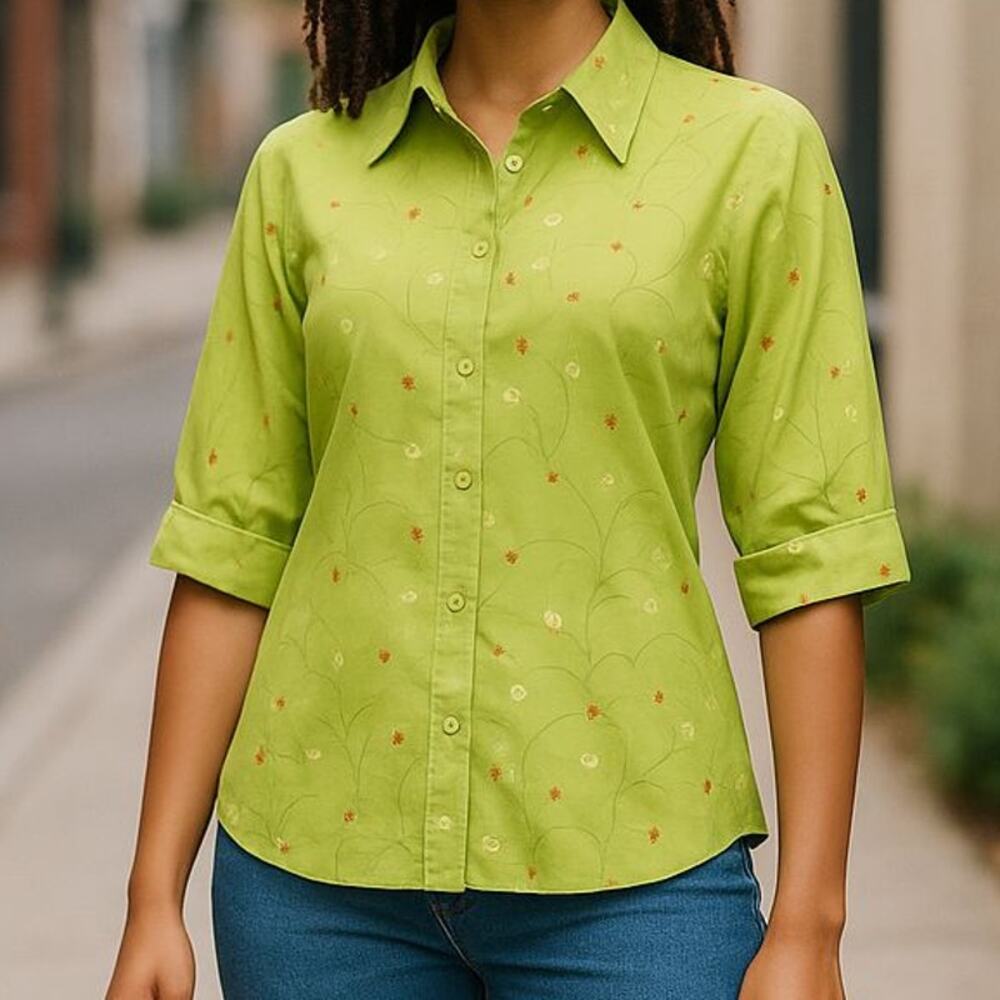 Vintage Bechamel Embroidered Floral Green 3/4 Sleeve Button Up Blouse Size Med